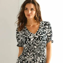 Robe longue manches courtes, crépon imprimé
