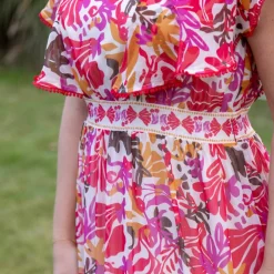 Robe longue manches volantées, imprimé multicolore