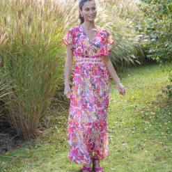 Robe longue manches volantées, imprimé multicolore