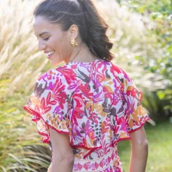 Robe longue manches volantées, imprimé multicolore