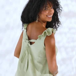 Robe longue épaules volantées, en gaze de coton