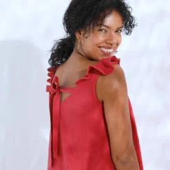 Robe longue épaules volantées, en gaze de coton
