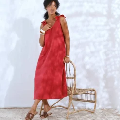 Robe longue épaules volantées, en gaze de coton