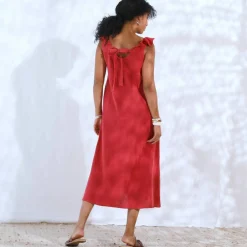 Robe longue épaules volantées, en gaze de coton