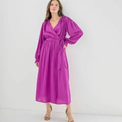 Robe longue "portefeuille" en crépon, doublée