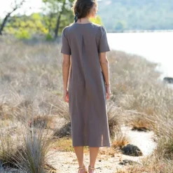 Robe longue unie col V, gaze de coton