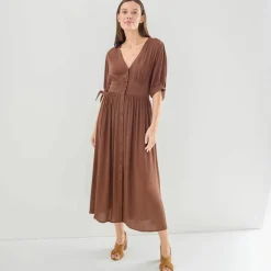 Robe longue évasée unie, viscose crépon
