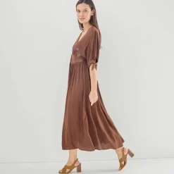 Robe longue évasée unie, viscose crépon