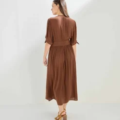 Robe longue évasée unie, viscose crépon