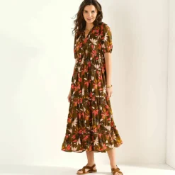 Robe longue volantée, crépon imprimé
