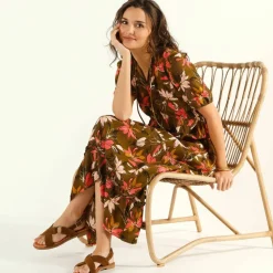 Robe longue volantée, crépon imprimé