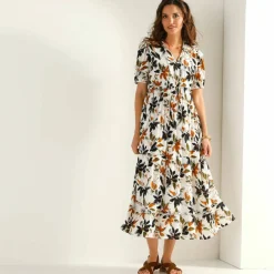 Robe longue volantée, crépon imprimé