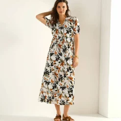 Robe longue volantée, crépon imprimé