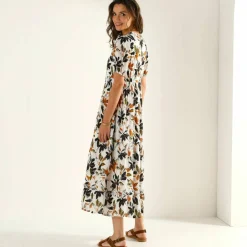 Robe longue volantée, crépon imprimé