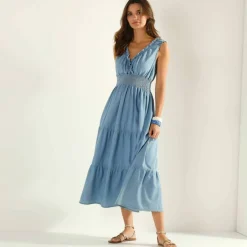 Robe longue volantée, denim léger