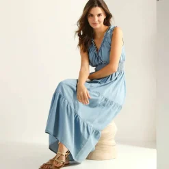 Robe longue volantée, denim léger
