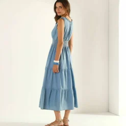 Robe longue volantée, denim léger