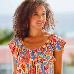 Robe longue volantée, crépon imprimé