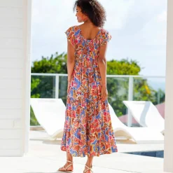 Robe longue volantée, crépon imprimé