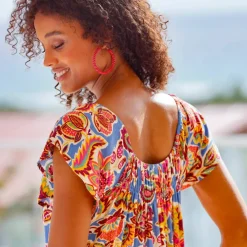 Robe longue volantée, crépon imprimé