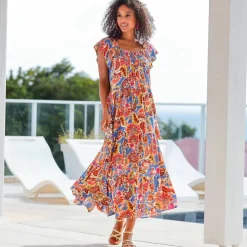 Robe longue volantée, crépon imprimé