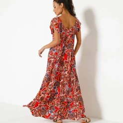 Robe longue volantée, crépon imprimé