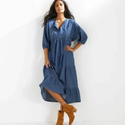 Robe longue volantée en jean