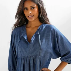 Robe longue volantée en jean