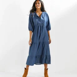 Robe longue volantée en jean