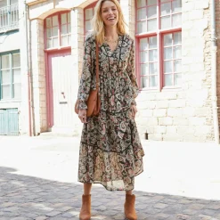 Robe longue volantée imprimée, crépon