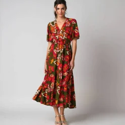 Robe longue volantée imprimée, manches courtes