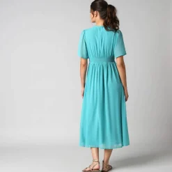 Robe longue volantée unie, à manches courtes papillon