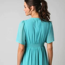 Robe longue volantée unie, à manches courtes papillon