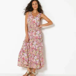 Robe longue à volants, crépon imprimé