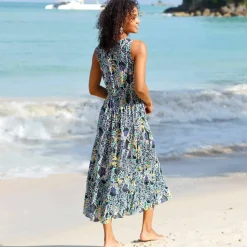 Robe longue à volants, crépon imprimé