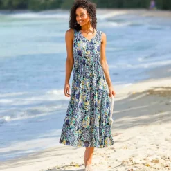 Robe longue à volants, crépon imprimé