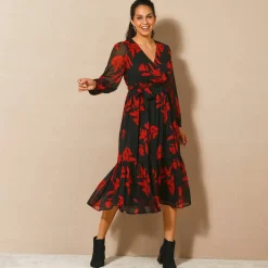 Robe longue volant, voile imprimé
