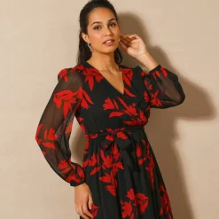 Robe longue volant, voile imprimé