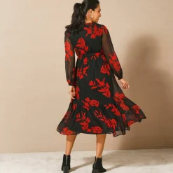 Robe longue volant, voile imprimé