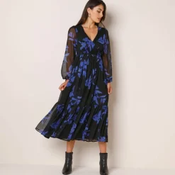 Robe longue volant, voile imprimé