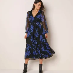 Robe longue volant, voile imprimé