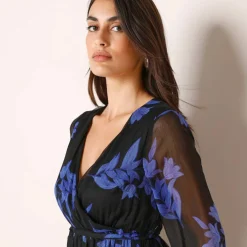 Robe longue volant, voile imprimé