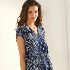Robe manches courtes, crêpe imprimé