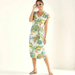 Robe manches courtes, crêpe imprimé