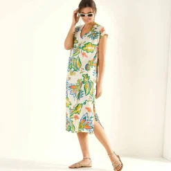 Robe manches courtes, crêpe imprimé