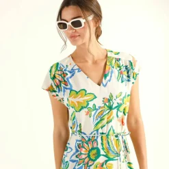 Robe manches courtes, crêpe imprimé