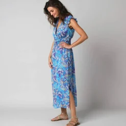 Robe manches courtes détails volantés, voile jacquard imprimé