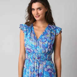 Robe manches courtes détails volantés, voile jacquard imprimé