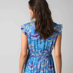 Robe manches courtes détails volantés, voile jacquard imprimé