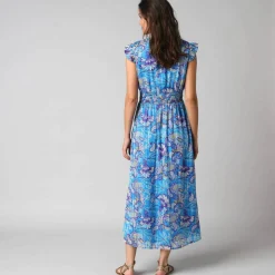 Robe manches courtes détails volantés, voile jacquard imprimé